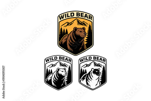 Wild brown bear with forest landscape retro badge logo design set for adventure. Bear with forest and mountain vintage patch element collection for outdoor