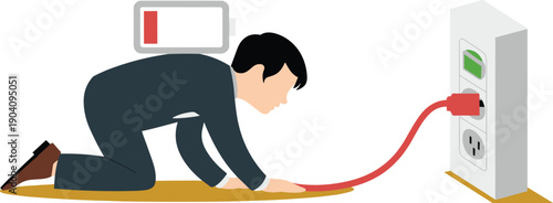 Exhausted Businessman Crawling to an Electrical Outlet with a Low Battery Icon, Concept of Professional Burnout, Extreme Fatigue, Workplace Stress, and the Need for Mental Recharge Vector Illustration