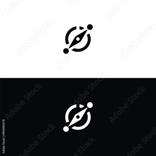 A modern digital compass logo depicting a central navigational arrow precisely framed by a circular path and connected points, representing focused direction and technological guidance.