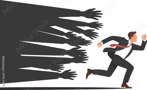 Businessman Running Away from Reaching Shadow Hands, Concept of Professional Anxiety, Fear of Failure, Corporate Pressure, and Escaping Workplace Stress Vector Illustration