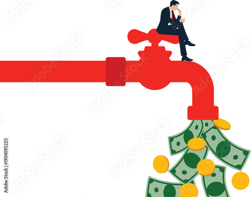 Businessman Sitting on a Giant Faucet with Money Flowing Out, Concept of Financial Oversight, Passive Income, Managed Capital Flow, and Strategic Wealth Control Vector Illustration