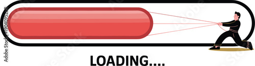 Man Physically Pulling a Red Loading Progress Bar, Concept of Arduous Digital Processing, System Latency, Technical Lag, and the Effort for Efficiency Vector Illustration