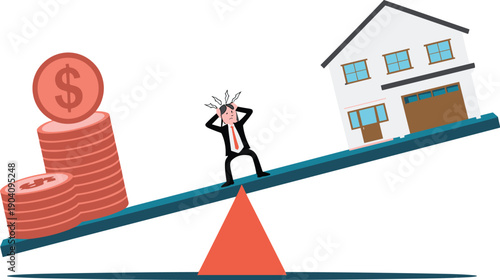 Stressed Businessman on a Seesaw Balancing Huge Stacks Crisis, Financial Imbalance, Real Estate Inflation, and Economic Stress Vector Illustration