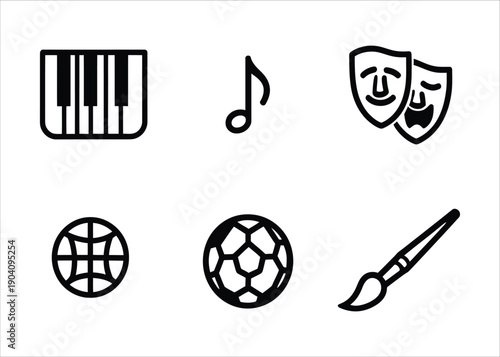 Collection of versatile outline icons for hobbies and leisure. Features piano, music, theatre, globe, soccer, and paintbrush symbols for graphic design projects