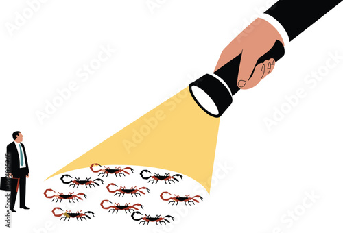 Businessman Looking at Scorpions Revealed by a Giant Flashlight, Concept of Strategic Risk Identification Hidden Hazards Vector Illustration