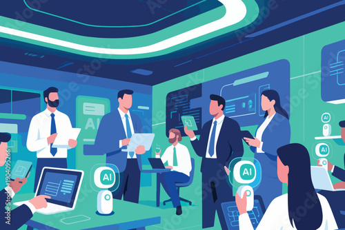 Illustration Of A Room Containing A Work Team Using Futuristic Technology Vector Design Template