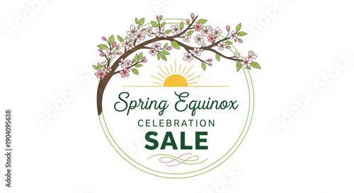 Spring equinox celebration sale logo with blossoming tree and sun