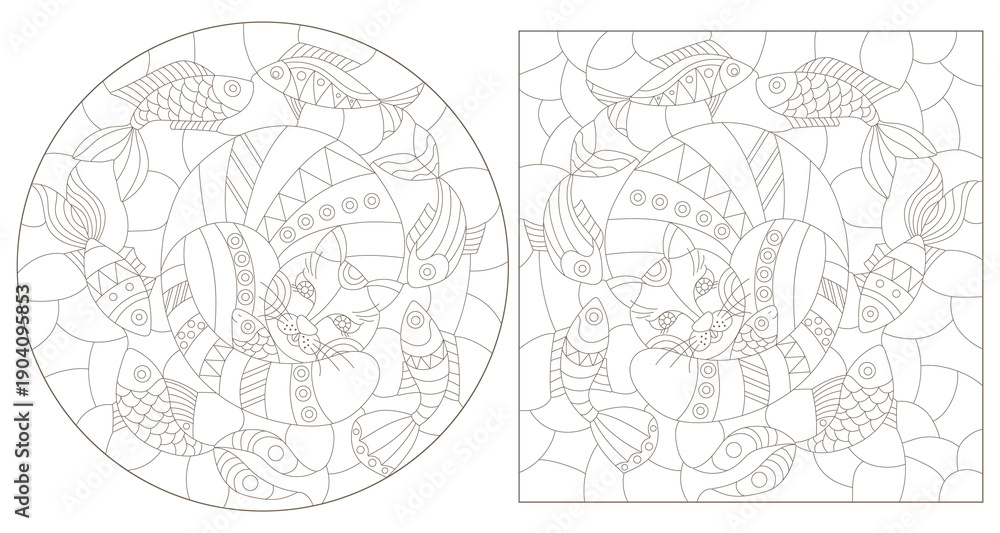 Obraz premium Set of contour illustrations in the style of stained glass with an abstract cat and fish , dark outlines on a white background