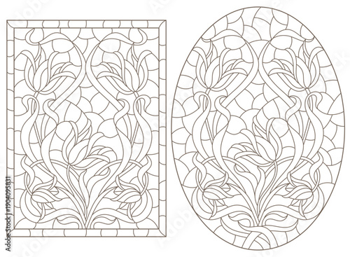 Set of contour illustrations of stained glass Windows with lilys in frames, dark contours on a white background, oval and rectangular image