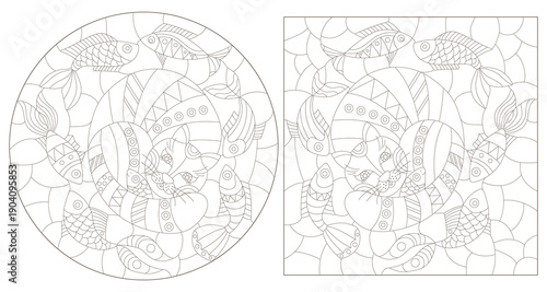 Set of contour illustrations in the style of stained glass with an abstract cat and fish , dark outlines on a white background