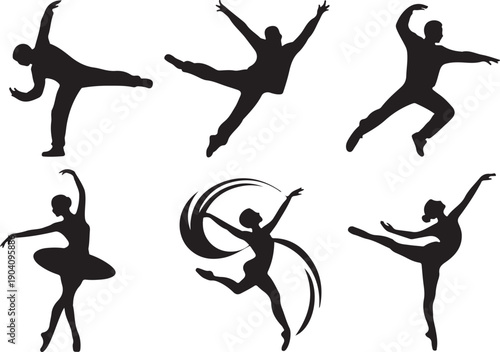 Silhouettes of six dancers in various poses isolated on transparent background, showcasing ballet and contemporary dance movements.