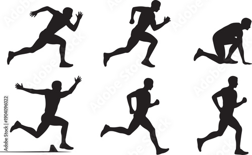 Set of six black silhouettes of men running in various dynamic poses, isolated on transparent background, showcasing athleticism and movement.