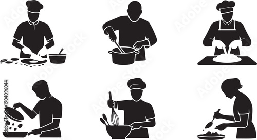 Black vector set of six chefs cooking isolated on transparent background, preparing food with various utensils and pots.