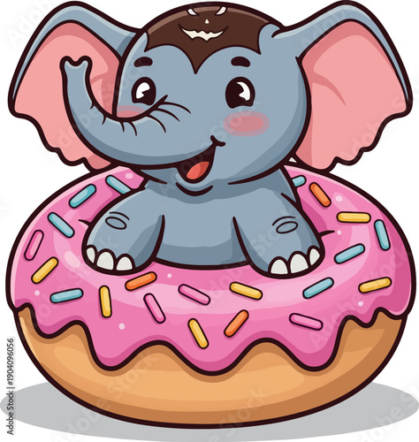 Cute Elephant Riding Pink Sprinkled Donut Flat Design Illustration