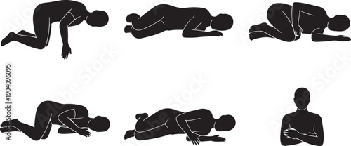 Black vector set of six various yoga poses on knees and standing with arms crossed isolated on transparent background for meditation and flexibility.