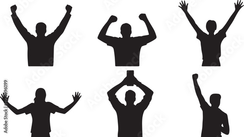 Six black silhouettes of people with arms raised in celebration or triumph, isolated on transparent background, vector graphics