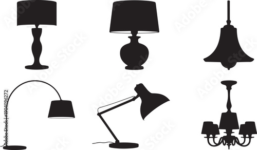 Black vector set of six lamp silhouettes isolated on transparent background, including table lamps, floor lamps, and chandeliers for interior design and decoration.