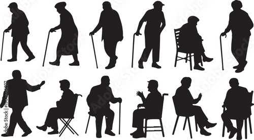 Black silhouettes of elderly people walking and sitting isolated on transparent background, various poses and actions.