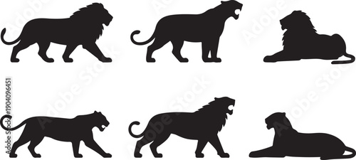 Set of six black lion silhouettes isolated on transparent background, featuring walking, roaring, and lying down poses, for design and wildlife concepts.