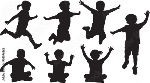 Seven black silhouettes of happy children jumping and sitting isolated on transparent background, showcasing joyful kids in various playful poses.