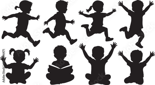 Eight black silhouettes of happy children playing, running, jumping, and reading isolated on transparent background