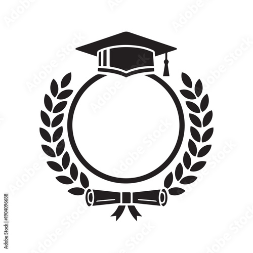 Graduation Cap with Diploma Scroll and Laurel Wreath Silhouette, Academic Achievement and University Success Emblem
