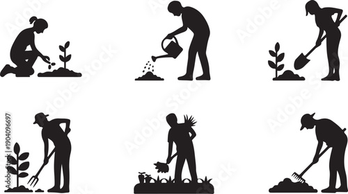 Black silhouettes of people gardening isolated on transparent background, various actions, planting, watering, digging, raking, and tending to plants.