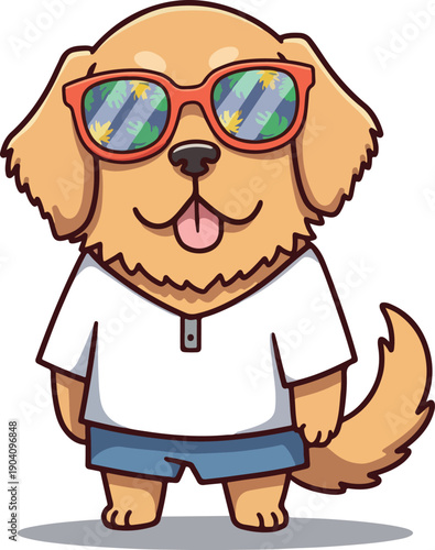 Cute Golden Retriever Dog Wearing Sunglasses and Clothes Vector