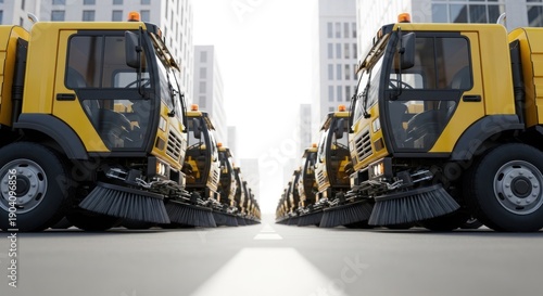 Wallpaper Mural Row of yellow street cleaners parked in urban setting, facing the camera Torontodigital.ca