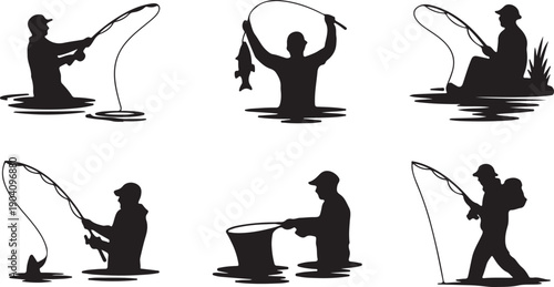Silhouette of various men fishing isolated on transparent background, showcasing different fishing techniques and poses in black vector illustrations.