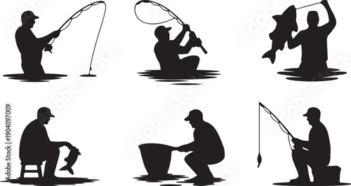 Silhouette of various people fishing isolated on transparent background, black vector set of six illustrations.