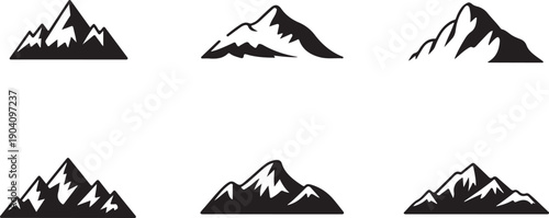Set of six black mountain silhouettes isolated on transparent background, various peak shapes and sizes, landscape and travel icons.
