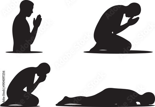Four black silhouettes of a man in various yoga poses, isolated on transparent background, for meditation and mindfulness concepts.