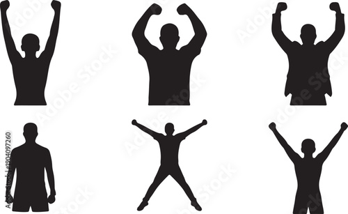 Set of six black silhouette vector illustrations of man celebrating, isolated on transparent background, various poses and gestures.