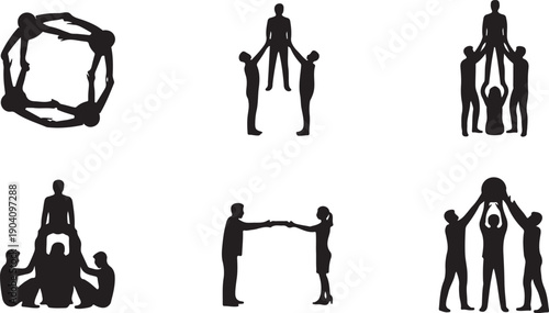 Black vector set of people holding hands in teamwork and support isolated on transparent background for business and social concepts