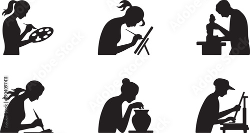 Silhouette set of artists painting, drawing, writing, and sculpting isolated on transparent background