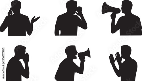 Set of six black silhouette men communicating on phone and megaphone isolated on transparent background.