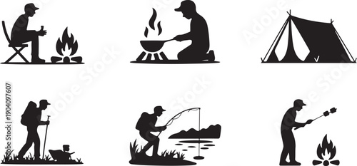 Black vector set of six camping icons including people isolated on transparent background for outdoor and travel designs