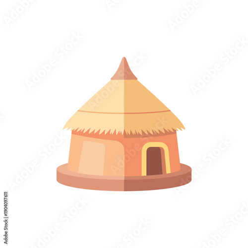 semi-flat illustration of African hut with thatched roof, simplified design, pastel colors, minimal detail