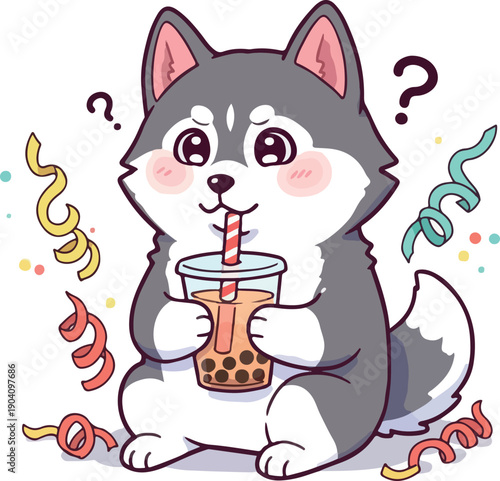 Cute Husky Dog Drinking Boba Tea Surrounded By Confetti Party Icons