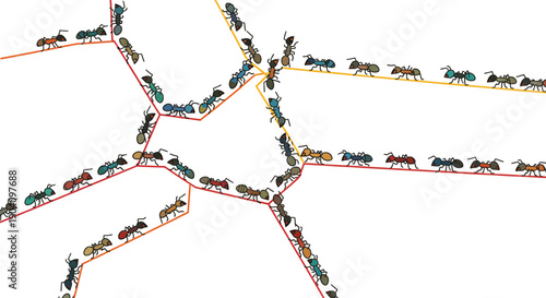 Vibrant graphic of colorful ants traversing intricate interconnected pathways, symbolizing collaboration, strategic organization, and efficient communication within a complex system