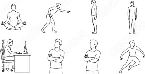 Man Poses Collection: Meditation, Work, Standing, and Action Figures Isolated on white background