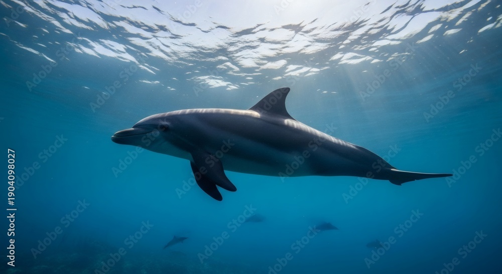 Obraz premium Wild dolphin swimming underwater in clear blue ocean with sunlight rays, marine life conservation concept perfect for Dolphin Awareness Month