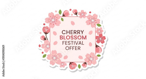 Cherry blossom festival offer sign with pink flowers and green leaves on white background