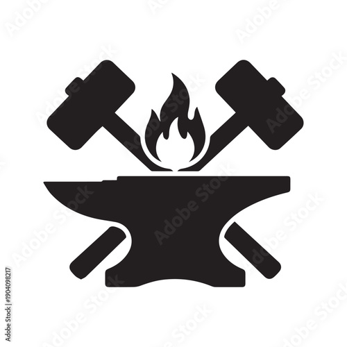 Blacksmith Anvil Icon with Crossed Hammers and Fire Flame Silhouette for Industrial Forge or Metalwork Logo
