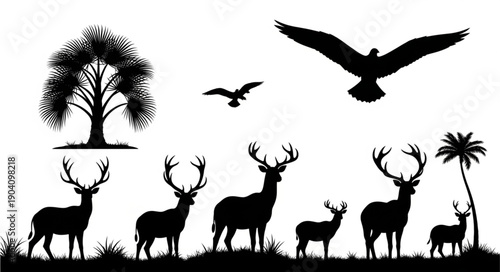 Silhouette of Deer and Birds with Trees.