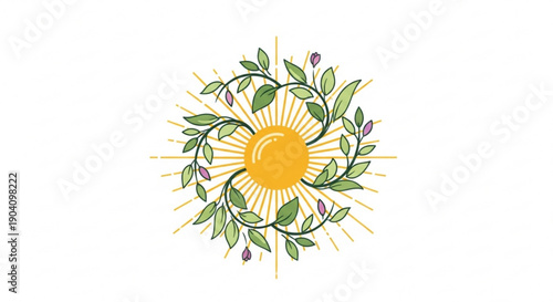 Vibrant sun symbol surrounded by green leaves and purple buds on white background