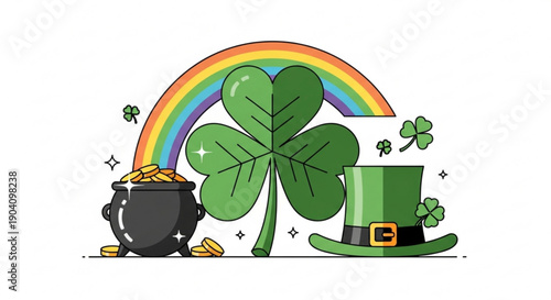 Lucky st patrick's day theme with shamrock pot of gold rainbow and hat