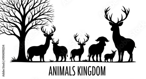 Silhouette of various deer and sheep animals standing together.