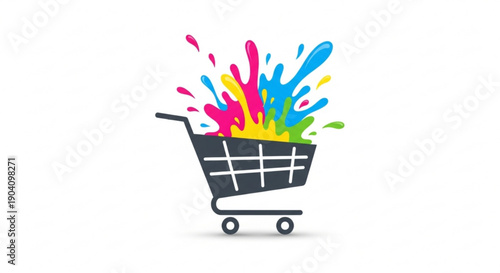 Shopping cart with colorful paint splashes on white background